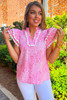 Pink Abstract Print Ric Rac Trim Flutter Sleeve Notch V Neck Blouse Pink Abstract Print Ric Rac Trim Flutter Sleeve Notch V Neck Blouse
