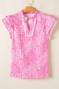 Pink Abstract Print Ric Rac Trim Flutter Sleeve Notch V Neck Blouse Pink Abstract Print Ric Rac Trim Flutter Sleeve Notch V Neck Blouse