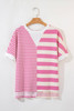 Pink Stripe Patchwork Textured Short Sleeve High Low Loose Top