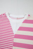 Pink Stripe Patchwork Textured Short Sleeve High Low Loose Top