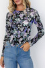 Black Floral Print Mesh Fitted Long Sleeve Top