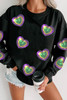 Black Mardi Gras Heart Print Crew Neck Sweatshirt Black Mardi Gras Heart Print Crew Neck Sweatshirt