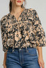 Black Floral Shirred Yoke Bracelet Sleeve Split Neck Boho Blouse Black Floral Shirred Yoke Bracelet Sleeve Split Neck Boho Blouse