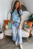 Light Blue Checkered Color Block Crew Neck Short Sleeve Sweater