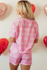 Pink Waffle Knit Bowknot Printed V Neck T Shirt and Shorts Set