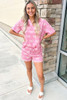 Pink Waffle Knit Bowknot Printed V Neck T Shirt and Shorts Set