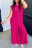 Bright Pink Terry Textured Sleeveless Button Front Wide Leg Jumpsuit Bright Pink Terry Textured Sleeveless Button Front Wide Leg Jumpsuit