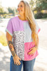 Rose Red Leopard Colorblock Patchwork Corded Knit Plus Size T Shirt