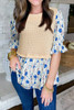 Beige Waffle Floral Patchwork Short Flounce Sleeve Peplum Blouse Beige Waffle Floral Patchwork Short Flounce Sleeve Peplum Blouse