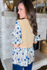 Beige Waffle Floral Patchwork Short Flounce Sleeve Peplum Blouse Beige Waffle Floral Patchwork Short Flounce Sleeve Peplum Blouse