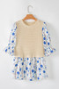 Beige Waffle Floral Patchwork Short Flounce Sleeve Peplum Blouse Beige Waffle Floral Patchwork Short Flounce Sleeve Peplum Blouse