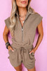 Dark Khaki Textured Short Sleeve Half Zip Drawstring Waist Romper Dark Khaki Textured Short Sleeve Half Zip Drawstring Waist Romper