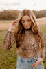 Brown Leopard Smocked Neck Mesh Long Sleeve Bodysuit