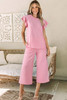 Pink Textured Pearled Ruffled Sleeve Wide Leg Pants Set