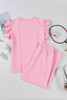 Pink Textured Pearled Ruffled Sleeve Wide Leg Pants Set