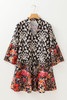 Black Retro Floral Mixed Print Split Neck A-line Dress