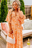 Orange Floral Print Smocked V Neck Wide Sleeve Maxi Dress