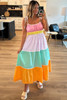 Multicolour Colorblock Self-tie Straps High Waist Flowy Maxi Dress with Pockets