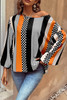 Orange Polka Dot Vertical Striped Printed Puff Sleeve Blouse