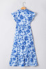 Sky Blue Floral Print Tiered Frilled Trim Flutter Sleeve Maxi Dress