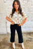 Beige Bow Print Puff Short Sleeve Top