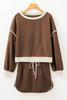 Coffee Color Contrast Loose Pullover and Lace-up Waist Skort Set