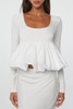 White U Neck Long Sleeve Bubble Hem Top
