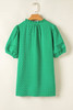 Bright Green Textured Puff Short Sleeve Notched V Neck Top