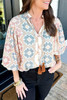 Khaki Geometric Print Tassel Tie Split Neck Balloon Sleeve Blouse Khaki Geometric Print Tassel Tie Split Neck Balloon Sleeve Blouse