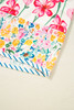 Pink Plus Size Floral Print Striped Trim V Neck Blouse