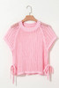 Pink Hollow-out Crochet Side Tied Short Sleeve Sweater