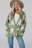 Green Sherpa Star Pattern Textured Sweater Cardigan with Pockets