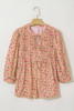 Light French Beige Floral Print Bow Pintuck Bust Half Puff Sleeve Blouse Top