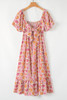 Pink Floral Square Neck Knotted Ruffle Midi Dress
