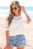 White Lace Crochet Crew Neck Casual T Shirt