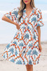 Orange Contrast Palm Tree Printed Short Sleeve Flowy Dress