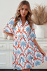 Orange Contrast Palm Tree Printed Short Sleeve Flowy Dress