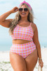 Pink Plus Size Plaid Print High Waist Bikini Set