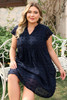 Navy Blue Dotty Textured Notched Neck Plus Ruffled Dress