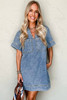 Beau Blue Short Sleeve Collared Patched Pocket Denim Mini Dress