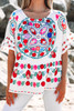 White Boho Floral Print Round Neck Ruffle Trim Blouse