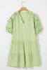 Laurel Green Floral Crochet Short Sleeve Notch V Neck Tiered Plus Size Mini Dress