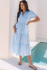 Sky Blue Stripe Bubble Short Sleeve Tiered Scallop Long Dress
