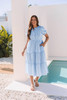 Sky Blue Stripe Bubble Short Sleeve Tiered Scallop Long Dress