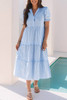 Sky Blue Stripe Bubble Short Sleeve Tiered Scallop Long Dress
