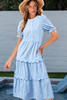 Sky Blue Stripe Bubble Short Sleeve Tiered Scallop Long Dress
