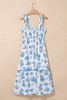 Sky Blue Floral Print Shirred Knot Shoulder Sleeveless Long Dress