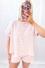 Pink Stripe Knitted Short Sleeve Top and Drawstring Shorts Set