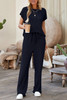 Navy Blue Solid Color Corded Short Sleeve Top and Casual Pants Set Navy Blue Solid Color Corded Short Sleeve Top and Casual Pants Set