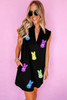 Black Sequin Bunny Doll Graphic Collared Sleeveless Mini Dress